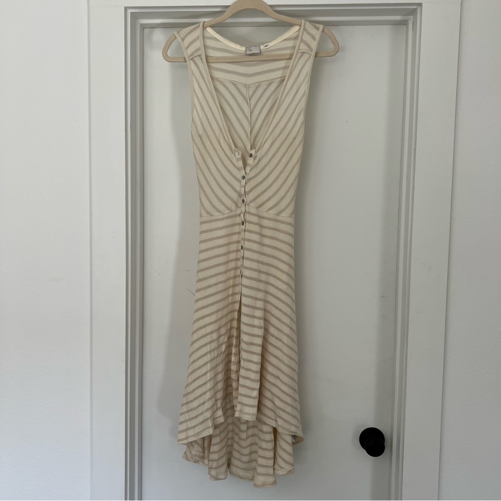 Flowy Cream Striped High Low Dress with Button Detail—Small